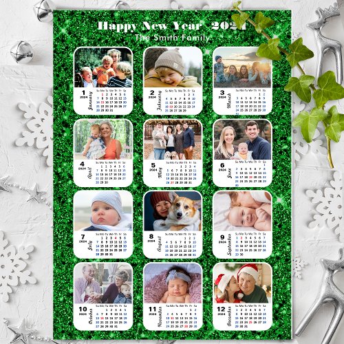 2024 Calendar Family 12 Photo Modern Green Glitter