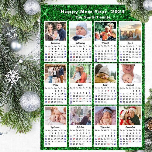 2024 Calendar Family 12 Photo Modern Green Glitter