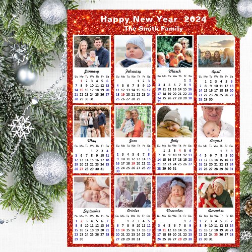 2024 Calendar Family 12 Photo Modern Red Glitter