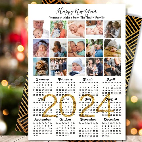 2024 Calendar Family 15 Photo Collage Gold Glitter Holiday Card