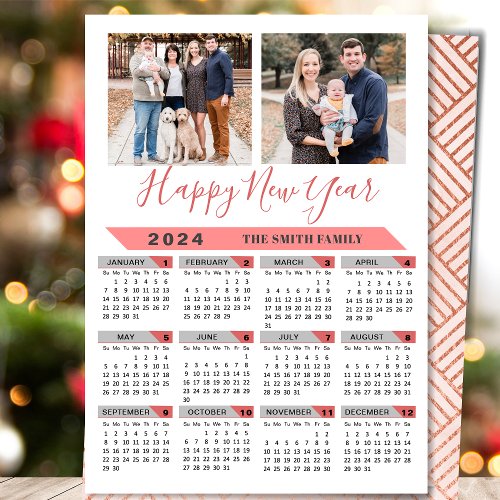 2024 Calendar Family 2 Photo Pink Script Simple Holiday Card