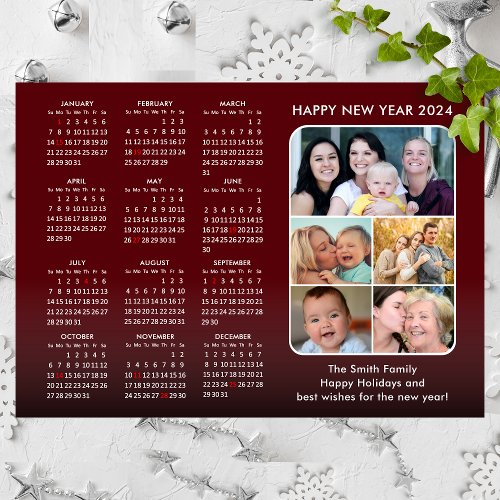 2024 Calendar Family 5 Photo Modern Red Minimalist Holiday Card