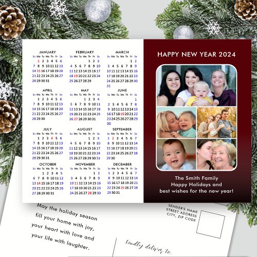 2024 Calendar Family 5 Photo Modern Red Minimalist Holiday Postcard