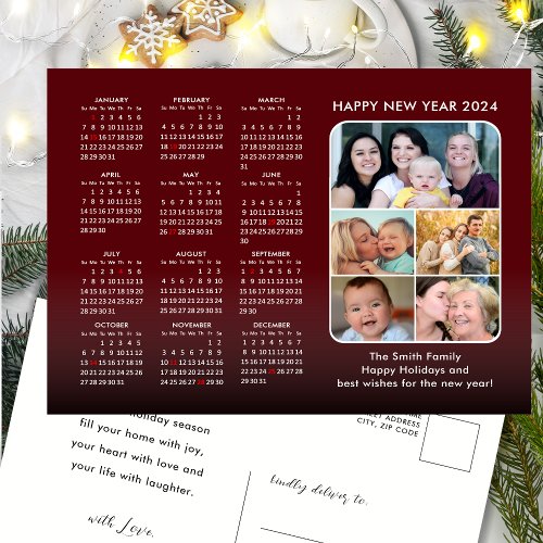 2024 Calendar Family 5 Photo Modern Red Minimalist Holiday Postcard