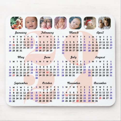 2024 Calendar Family 7 Photo Collage Pink Simple Mouse Pad