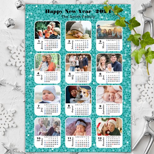 2024 Calendar Family Photo Collage Modern Blue