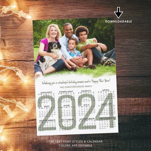 2024 Calendar Family Photo Green New Year Holiday Card