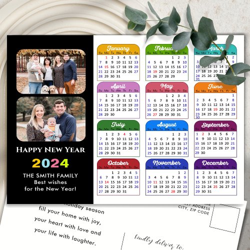 2024 Calendar Family Photo Modern Black Colorful Holiday Postcard