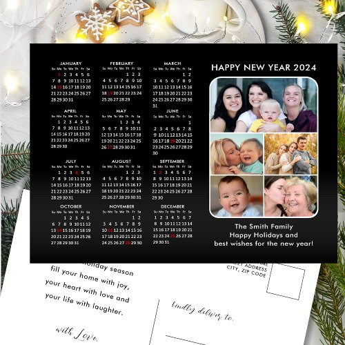 2024 Calendar Family Photo Modern Black Minimalist Holiday Postcard