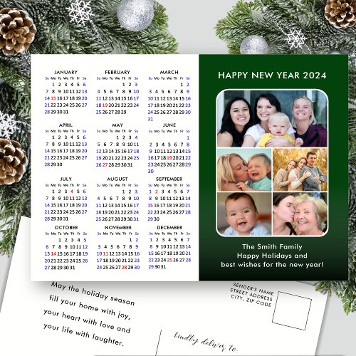 2024 Calendar Family Photo Modern Black Minimalist Holiday Postcard