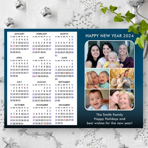 2024 Calendar Family Photo Modern Blue Magnetic