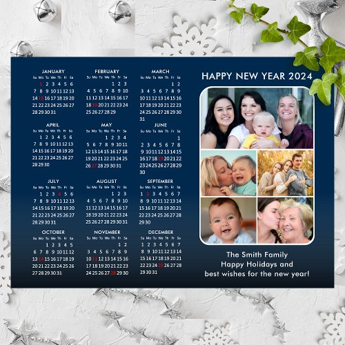 2024 Calendar Family Photo Modern Blue Minimalist Holiday Card