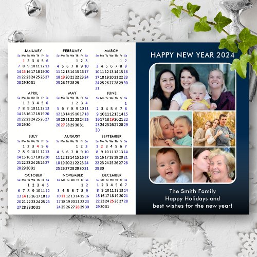 2024 Calendar Family Photo Modern Blue Minimalist Holiday Card