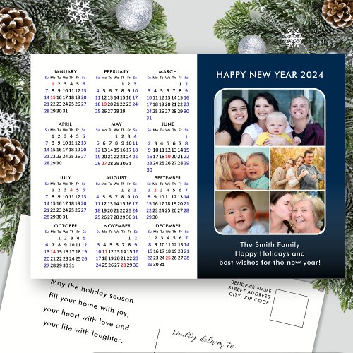 2024 Calendar Family Photo Modern Blue Minimalist Holiday Postcard
