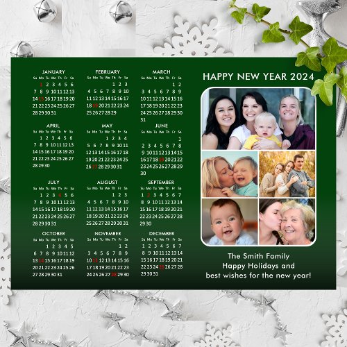 2024 Calendar Family Photo Modern Green Minimalist Holiday Card