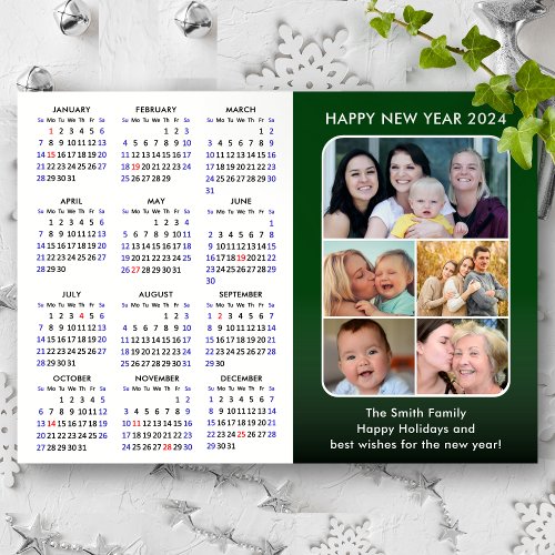 2024 Calendar Family Photo Modern Green Minimalist Holiday Card