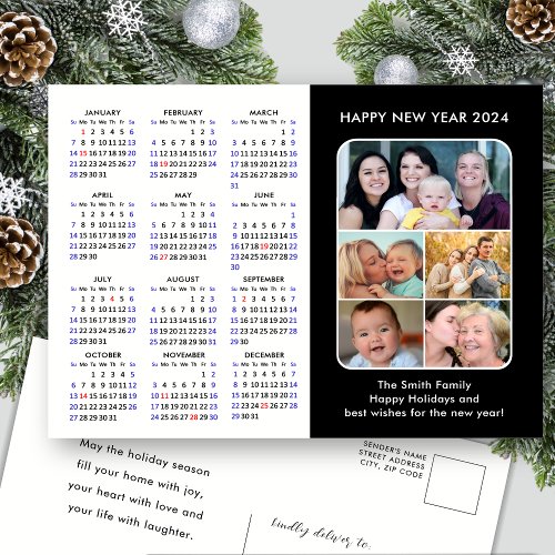 2024 Calendar Family Photo Modern Green Minimalist Holiday Postcard