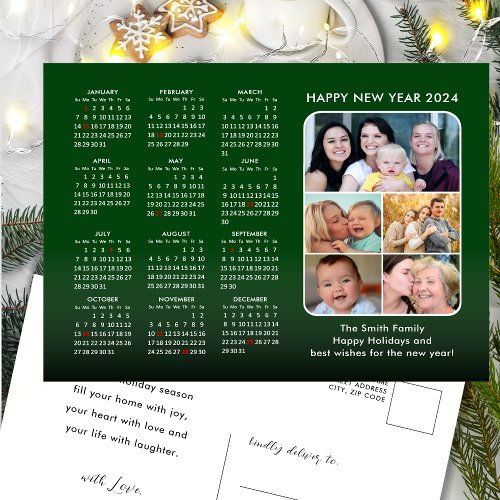 2024 Calendar Family Photo Modern Green Minimalist Holiday Postcard