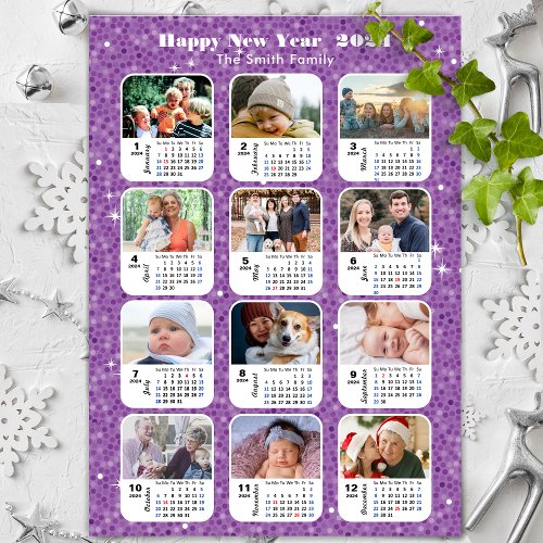2024 Calendar Family Photo Modern Purple Glitter