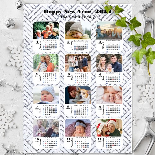 2024 Calendar Family Photo Modern Silver Glitter