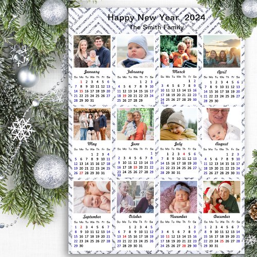 2024 Calendar Family Photo Modern Silver Glitter