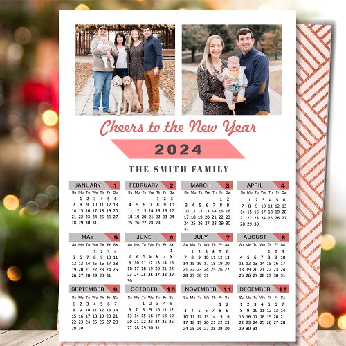 2024 Calendar Family Photo Pink Glitter Minimalist Holiday Card