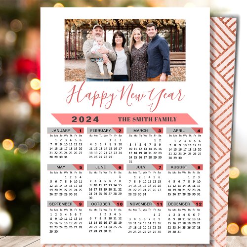 2024 Calendar Family Photo Pink Script Simple Holiday Card