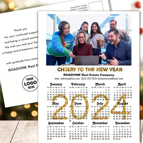 2024 Calendar Festive Gold Glitter Corporate Photo Holiday Postcard