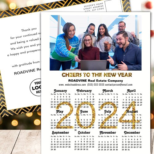 2024 Calendar Festive Gold Glitter Corporate Photo Holiday Postcard