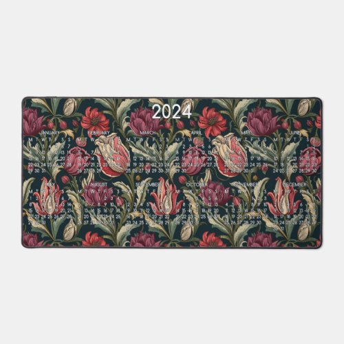 2024 Calendar Flowers Floral Background Pattern Desk Mat