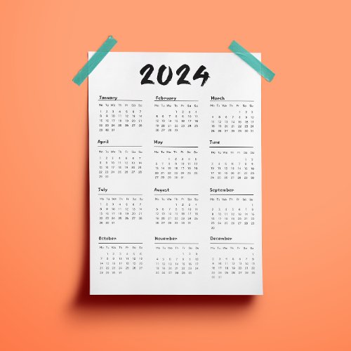 2024 Calendar Full Year Black And White Minimalist Magnetic Invitation