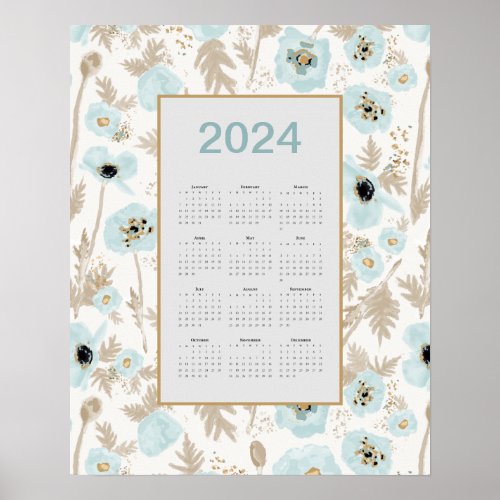 2024 Calendar Full Year Blue Cream Poppies Poster