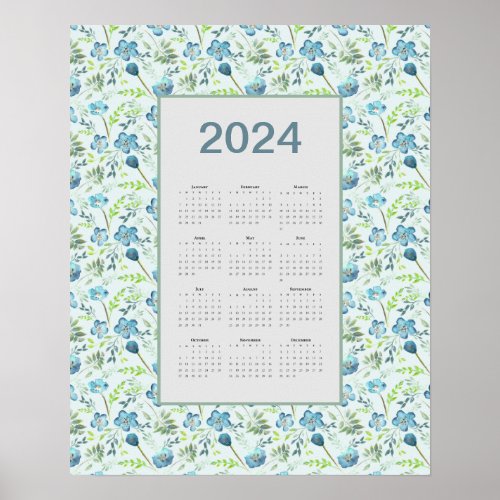 2024 Calendar Full Year Blue Floral Poster