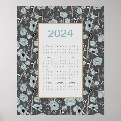 2024 Calendar Full Year Blue Gray Poppies Poster