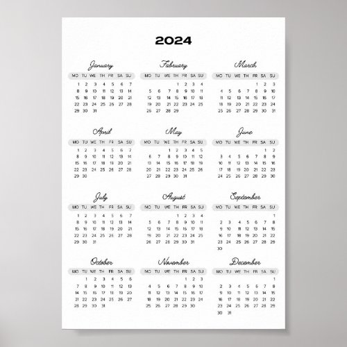 2024 Calendar Full year view mini Poster