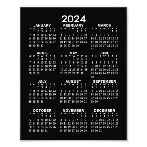 2024 Calendar _ full year view vertical _ Black Photo Print