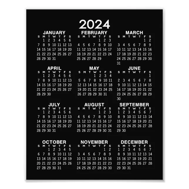 2024 Calendar - full year view vertical - Black Photo Print | Zazzle