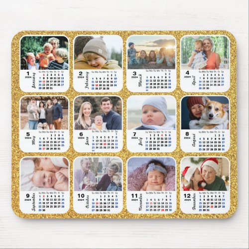 2024 Calendar Gold Glitter 12 Family Photo Collage Mouse Pad