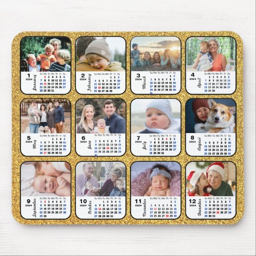2024 Calendar Gold Glitter 12 Family Photo Collage Mouse Pad
