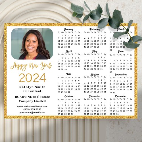 2024 Calendar Gold Glitter Business Photo Magnetic