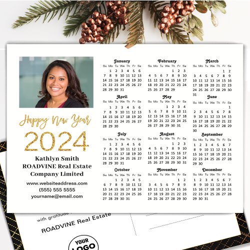 2024 Calendar Gold Glitter New Year Business Photo Holiday Postcard