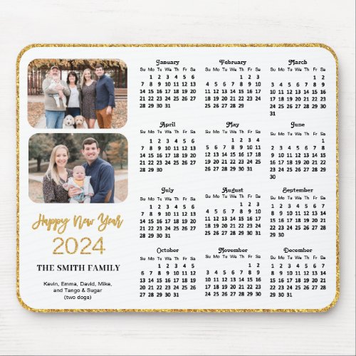 2024 Calendar Gold Glitter Script 2 Family Photo  Mouse Pad