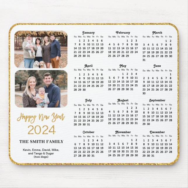 2024 Calendar Gold Glitter Script 2 Family Photo  Mouse Pad (Front)