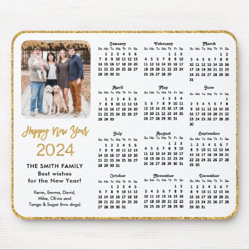 2024 Calendar Gold Glitter Script Family Photo Mouse Pad