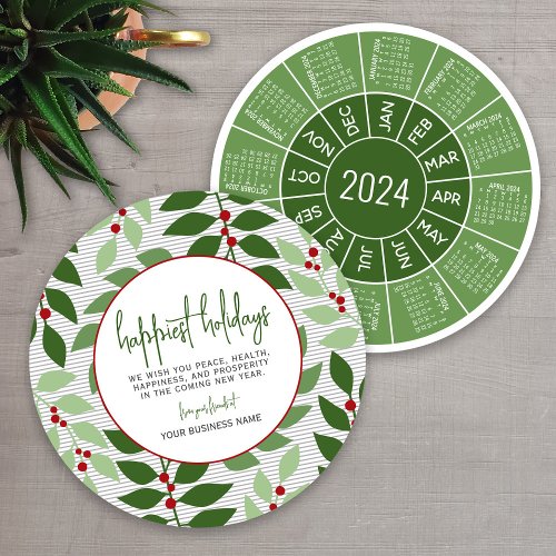 2024 Calendar Gray White Green Botanical Happiest Holiday Card