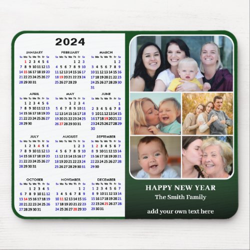 2024 Calendar Green 5 Family Photo US Holidays Mouse Pad