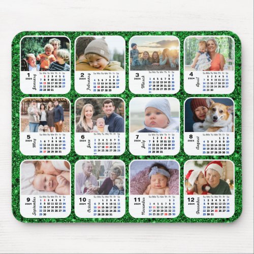 2024 Calendar Green Glitter Family Photo Collage Mouse Pad
