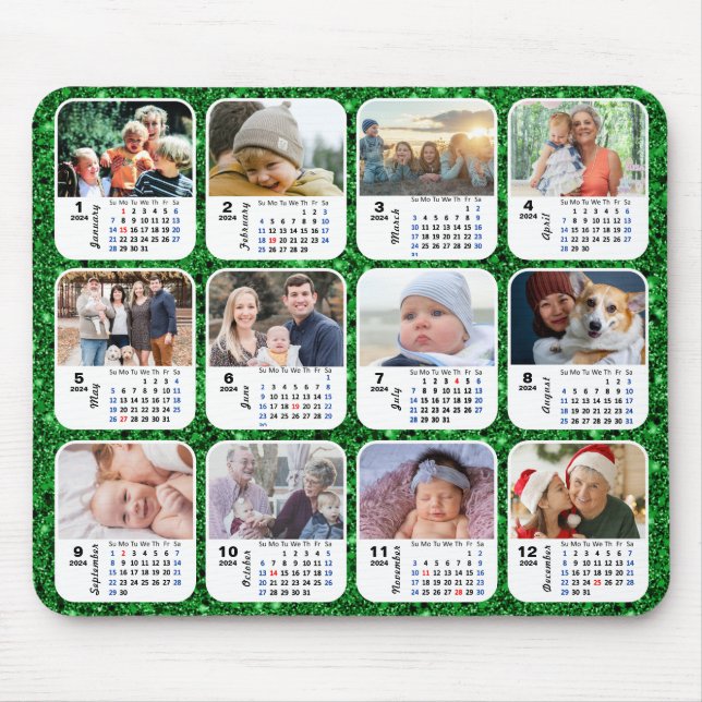 2024 Calendar Green Glitter Family Photo Collage Mouse Pad (Front)