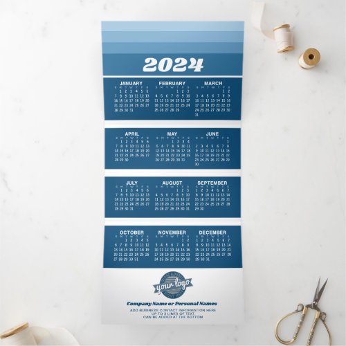 2024 Calendar _ Logo Photo _ Navy Retro Stripes Tri_Fold Holiday Card