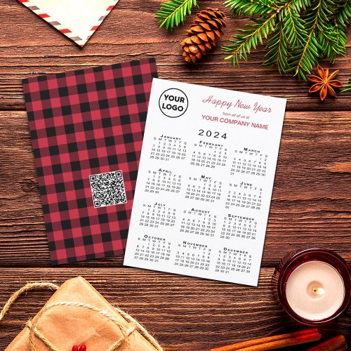 2024 Calendar Logo QR Code Red Black Gingham Check Holiday Card